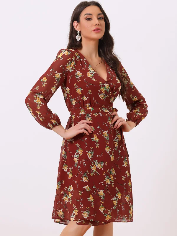 Chiffon Floral V Neck Tie Waist Bishop Sleeve Casual Wrap Midi Dress