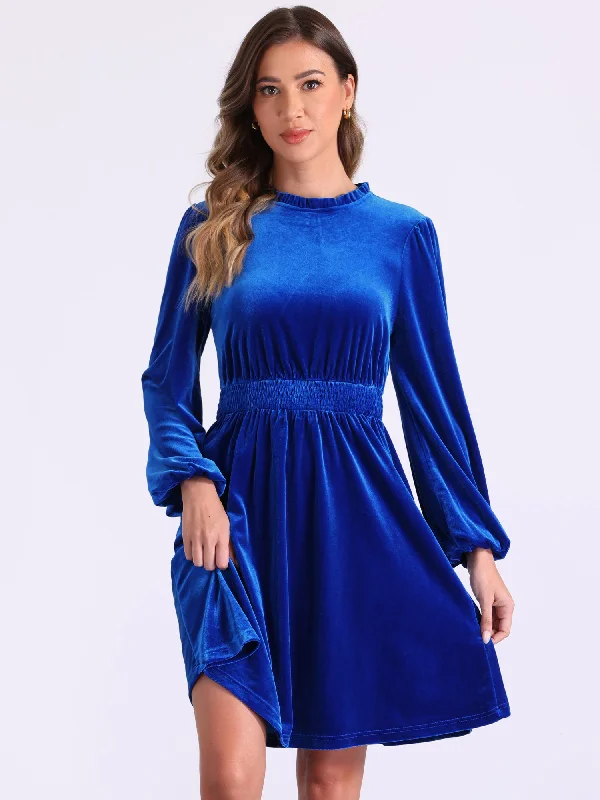 Velvet Smocked Waistline Long Sleeve Midi Dress