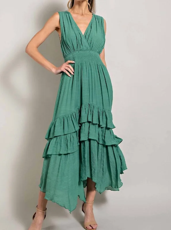 Smocked Ruffle Maxi Dress In Sage