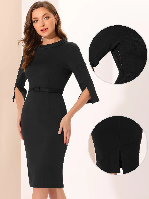 Office 3/4 Sleeves Belted Mock Neck Pencil Midi Dress