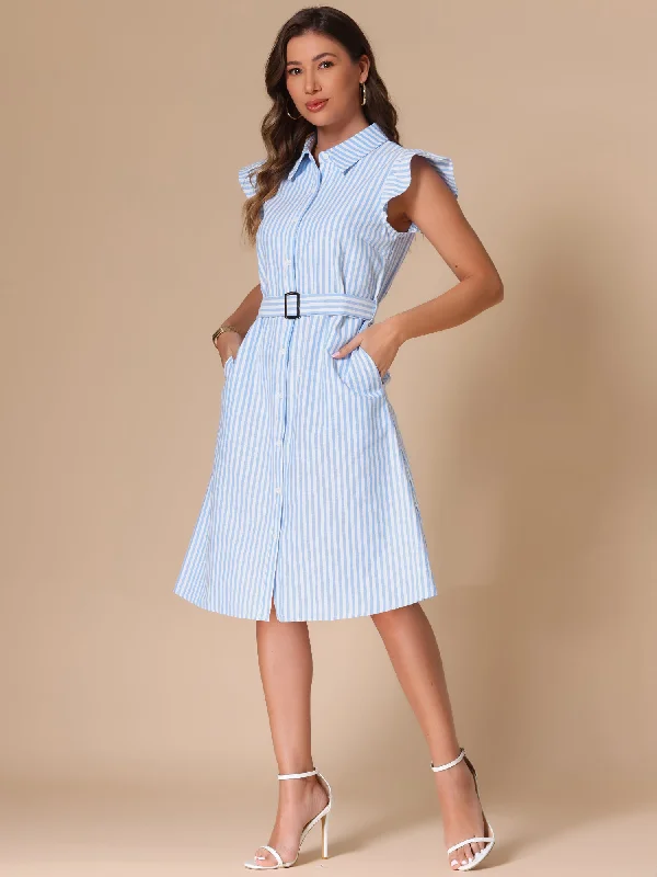 Striped Collar Ruffled Sleeve Belted Midi Shirt Dress