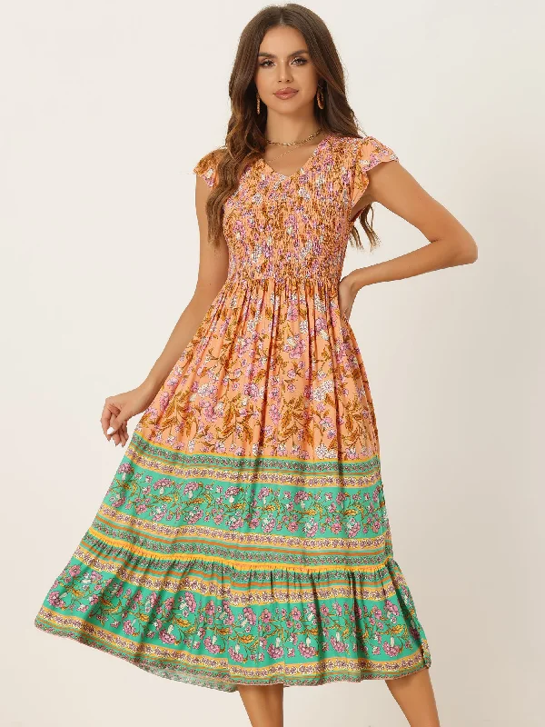 Ruffled Flutter Sleeve Smocked Boho Floral Shirred Midi Dress