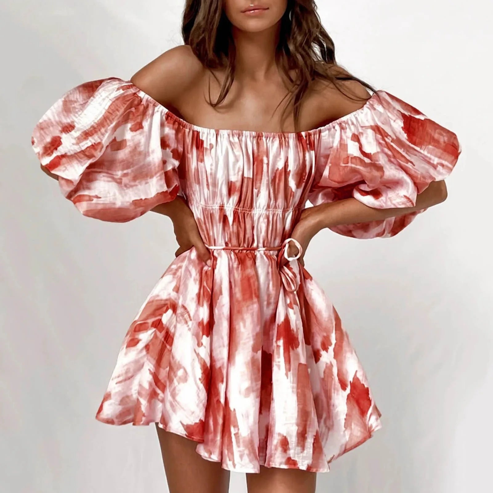 JuliaFashion - Fashion Off The Shoulder Ruffles Mini Women Printed Pleated Elasticated Puff Sleeve Short Women Summer Dress