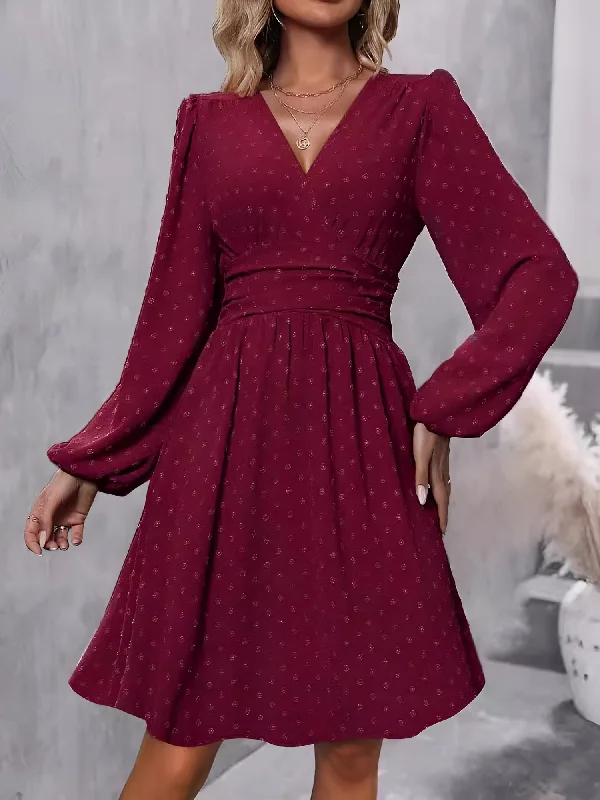 Swiss Dots Lantern Long Sleeve Midi A-Line Dress