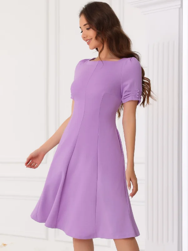 Square Neck Pleated Short Sleeve Pocketed Midi Dress