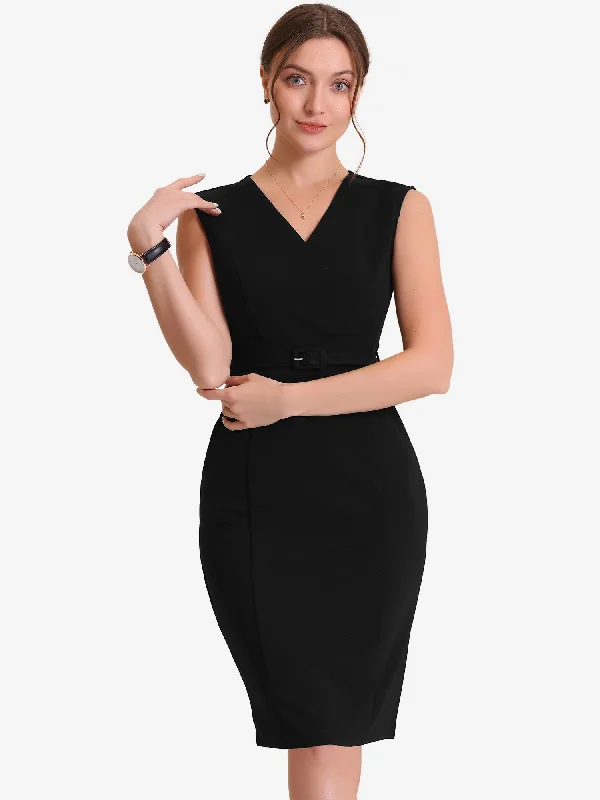 Solid Color V Neck Sleeveless Belted Business Office Midi Sheath Dress