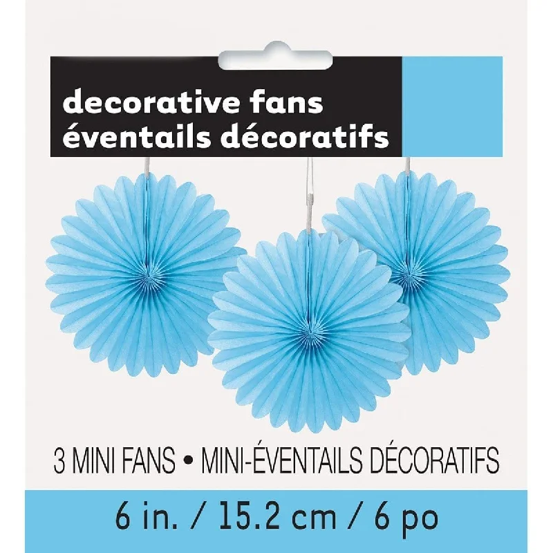 Powder blue mini paper fans, 3 per package