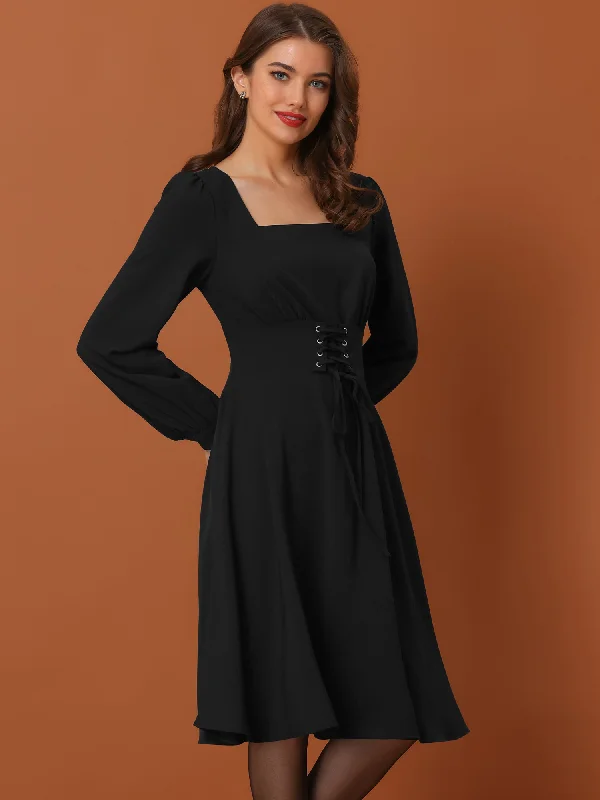 Square Neck Lace Up Lantern Long Sleeve Midi A-Line Dress