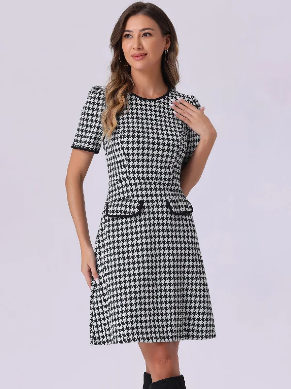 Houndstooth Puff Sleeves Round Neck Midi Dress