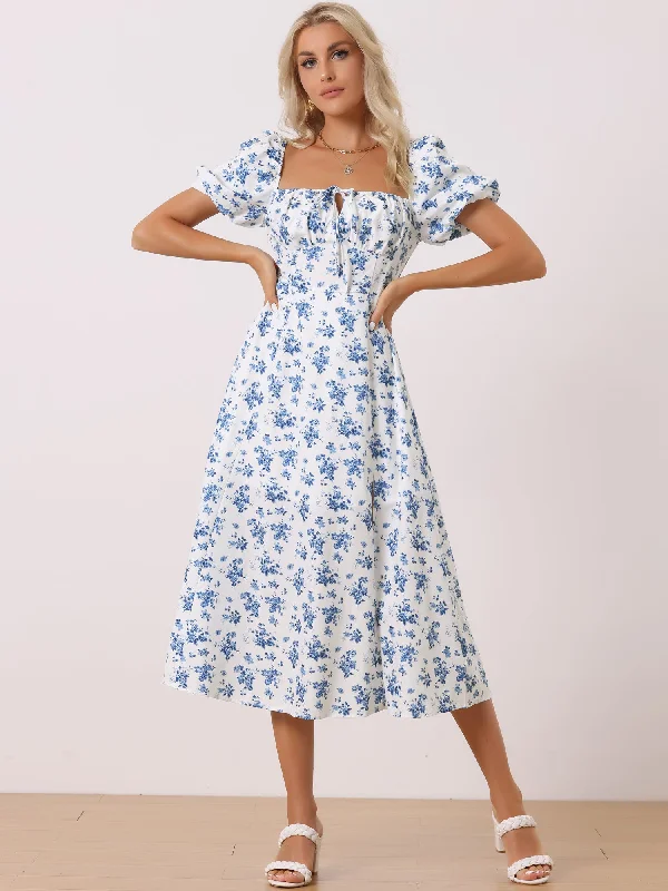 Floral Tie Neck Puff Sleeves Smocked Back Slit Midi Dress