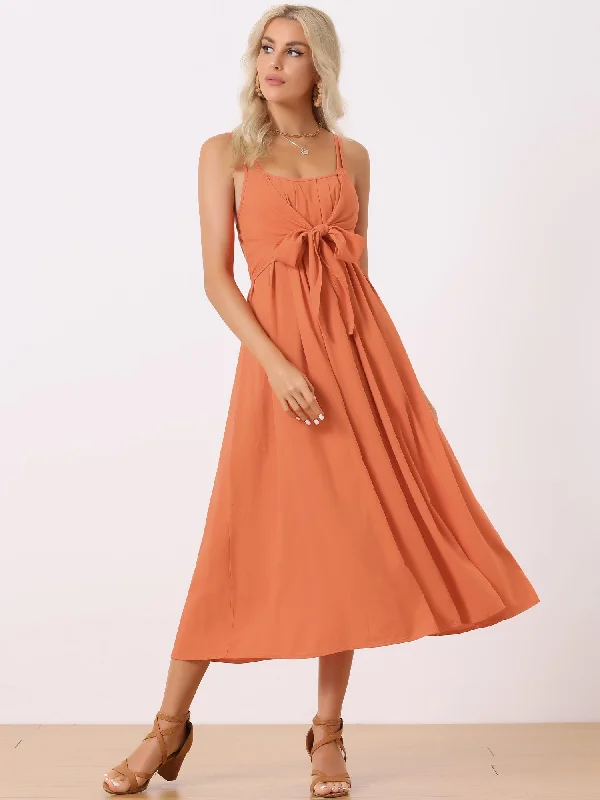 Casual Sleeveless Spaghetti Strap Tied Waist Flowy Midi Dress Sundress