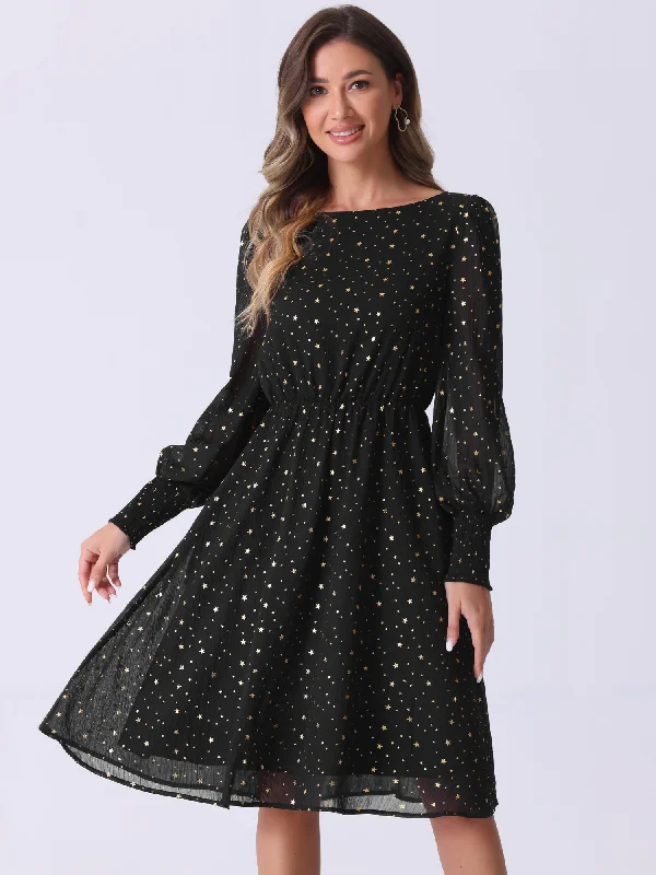 Puff Long Sleeve Metallic Stars Boat Neck Pockets Mesh Midi Dress