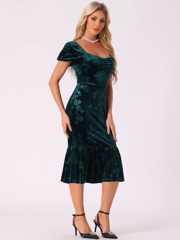 Velvet Floral Puff Sleeve Bodycon Fishtail Midi Dress