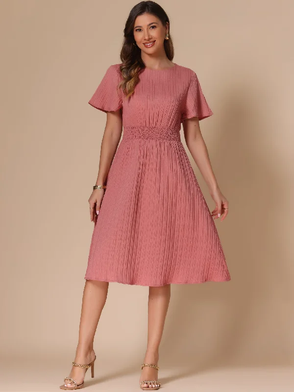 Textured Short Sleeve Smocked Wasit A-Line Midi Dress