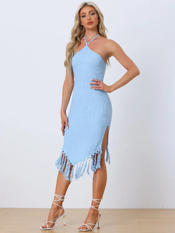 Elegant Halter Straps Sleeveless Tassels Bodycon Midi Dress