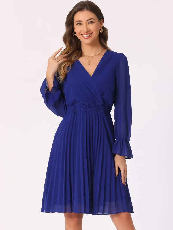 V Neck Smocked Long Sleeve Pleated Midi Dress