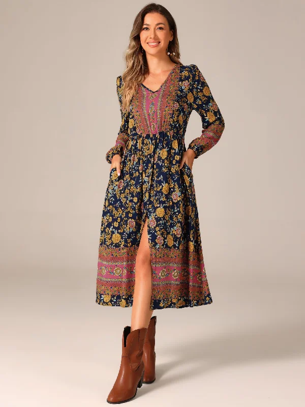 Boho Floral Long Sleeves Pocketed Slit A-Line Midi Dress