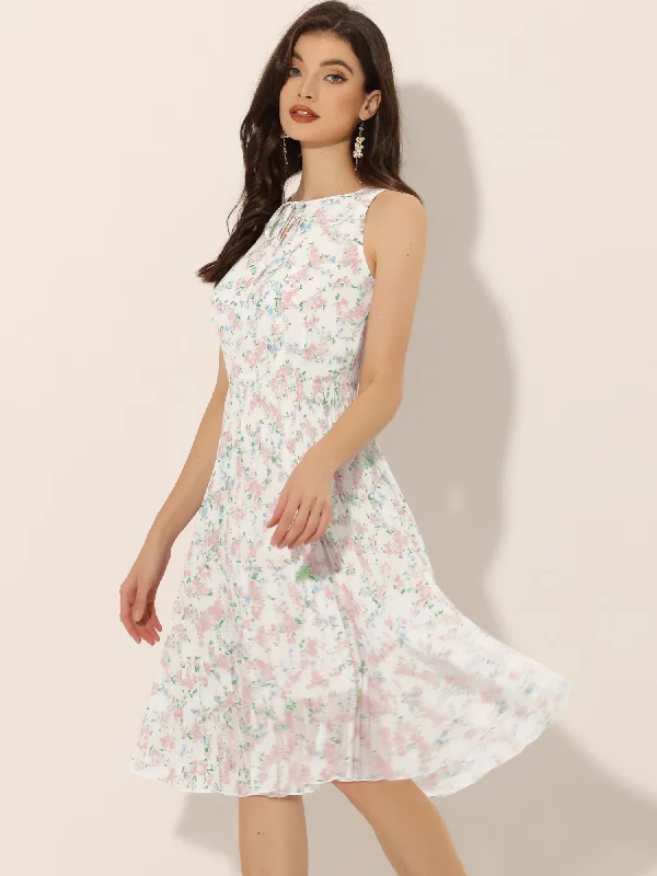 Floral A-Line Knee Length Sleeveless Pleated Midi Dress