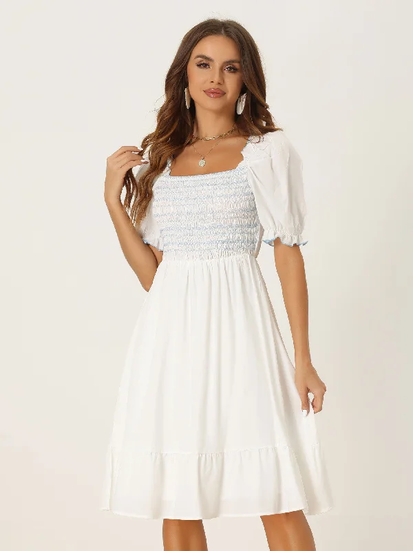 Smocked Puff Short Sleeve Ruffle Shirred Summer Midi Dress