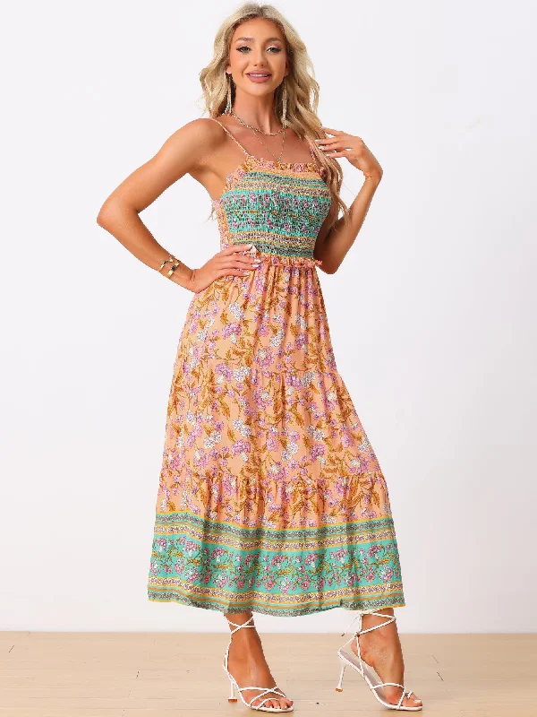 Boho Floral Summer Spaghetti Strap A-Line Flowy Smocked Midi Dress Sundress