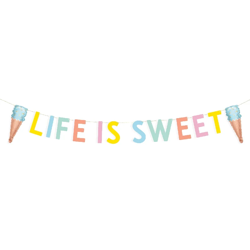 Ice Cream Party Life is Sweet Banner with Mini Foil Balloons, 72 Inches, 1 Count