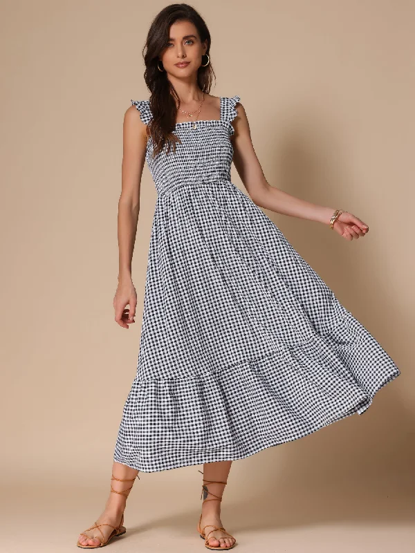 Gingham Sleeveless Flowy A-Line Tiered Hem Smocked Midi Dress