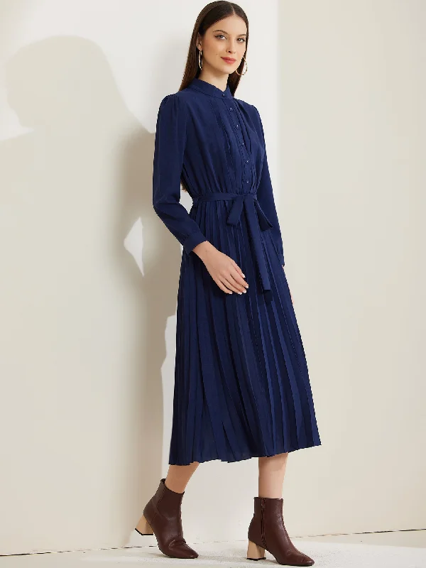 Long Sleeve Mock Neck A-Line Midi Pleated Shirt Dress