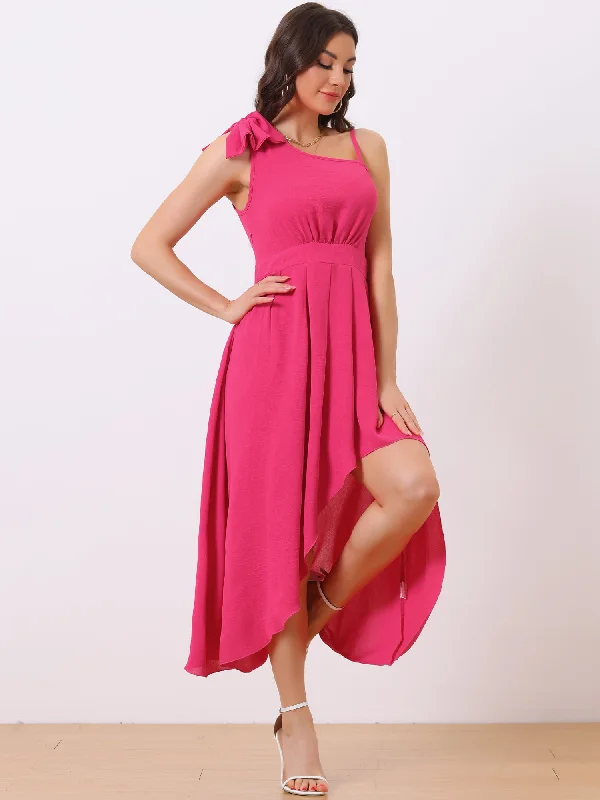 Irregular Hem Sleeveless One Shoulder Pleated Flowy Midi Dress