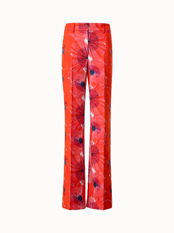 Cotton Silk Double-Face Wide Leg Pants with Poppy Print