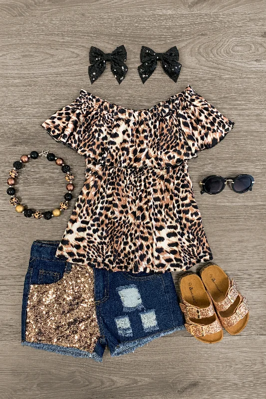 Cheetah Peplum Distressed Denim Short Set