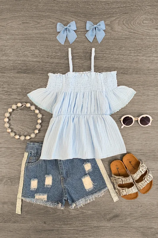 Blue Cold Shoulder Distressed Denim Short Set