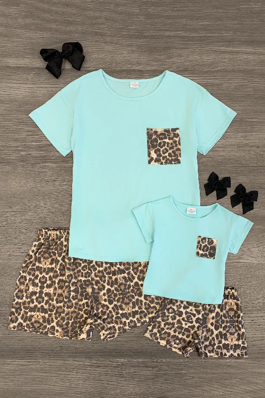 Mom & Me - Light Blue Leopard Lounge Short Set