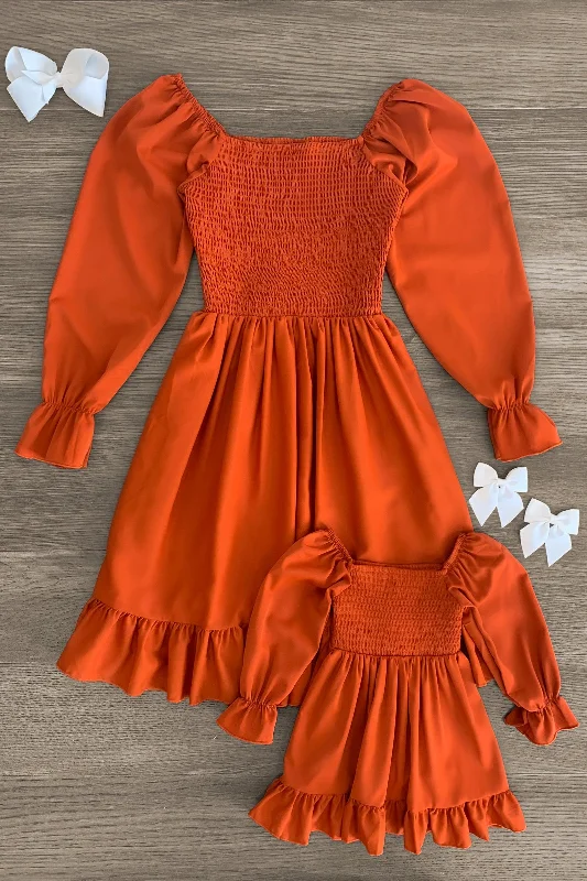 Mom & Me - Orange Smocked Long Sleeve Dress