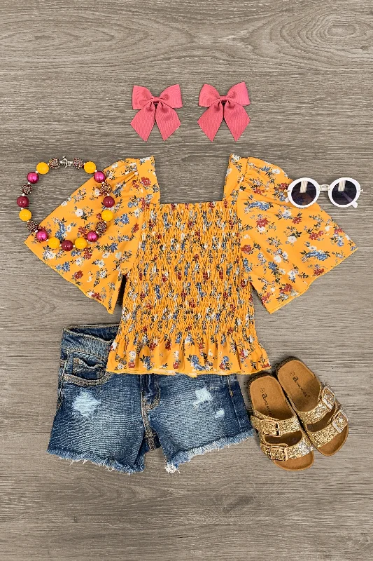 Mustard Floral Flowy Sleeve Smocked Top