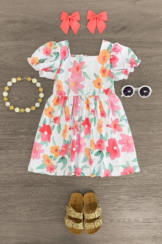 Pink Floral Puff Sleeve Dress