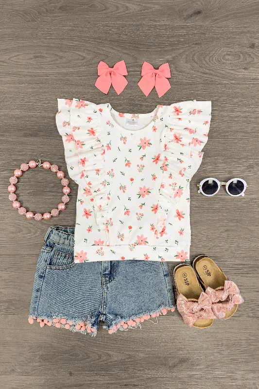 Pink Flowers Pom-Pom Denim Short Set