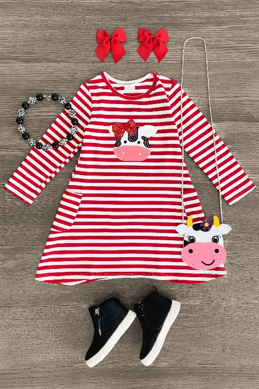 Red & White Striped Cow Pocket Dress