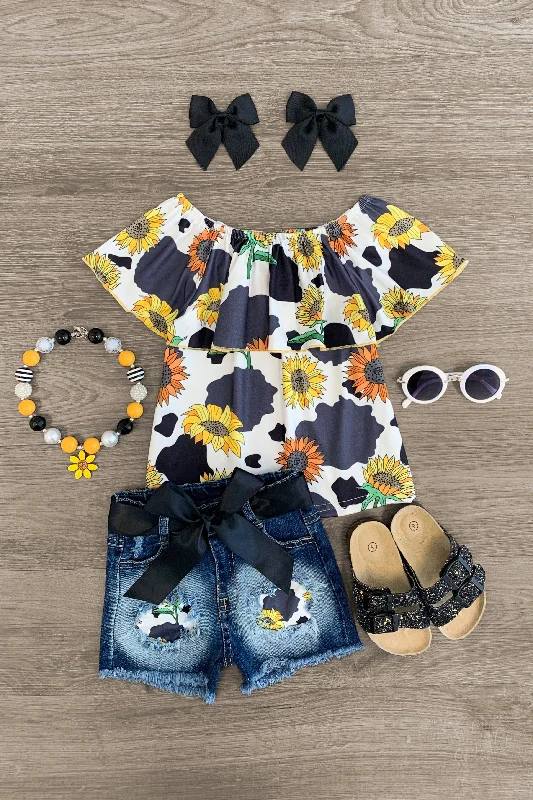 Sunflower & Cow Print Distressed Short Set