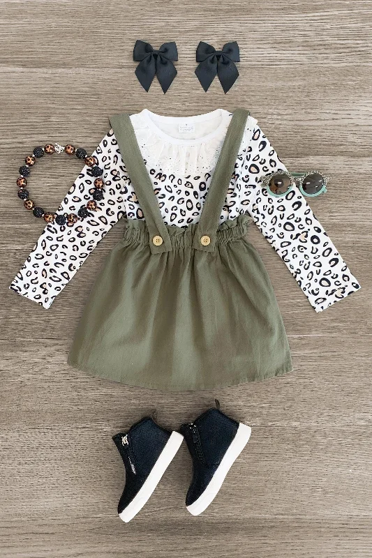 White Cheetah & Olive Suspender Skirt Set