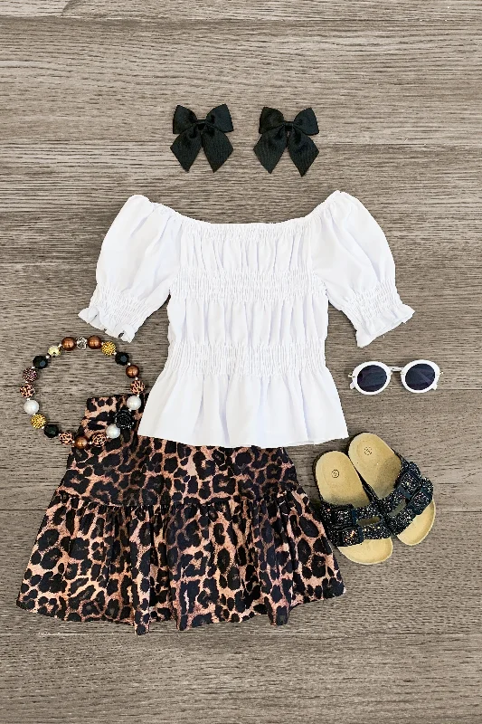 White Cinch Top & Leopard Skirt Set