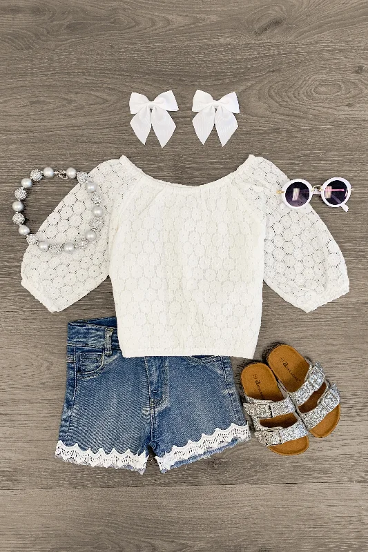 White Lace Denim Short Set