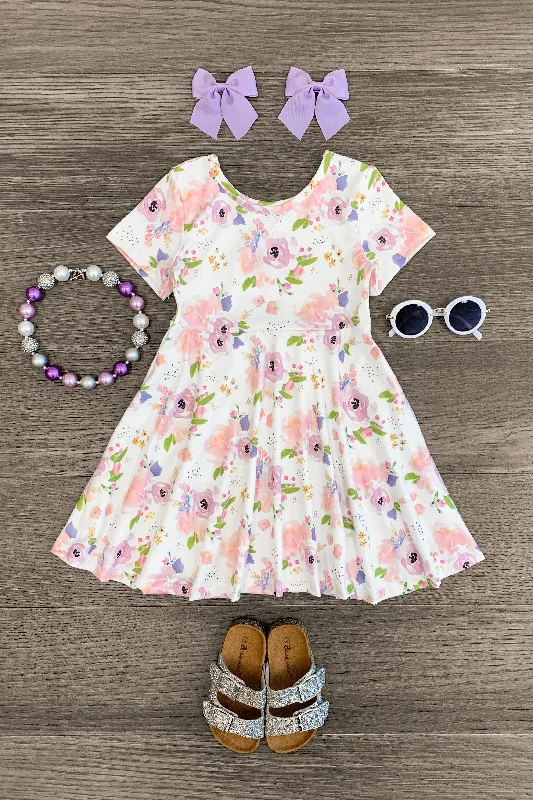 White Pastel Floral Short Sleeve Dress